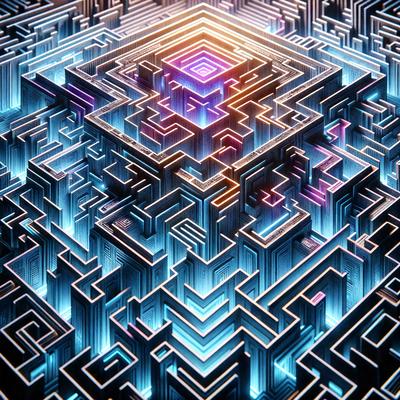 The primary subject of the image is a three-dimensional, blue-colored geometric pattern. The pattern is intricate and features a combination of squares and triangles. The setting is a dark background, which contrasts with the bright blue geometric pattern. The visual style of the image is a digital art or illustration, showcasing the artist's skill in creating a complex and visually appealing design. The dominant colors in the image are blue and purple, giving the pattern a futuristic and modern appearance.